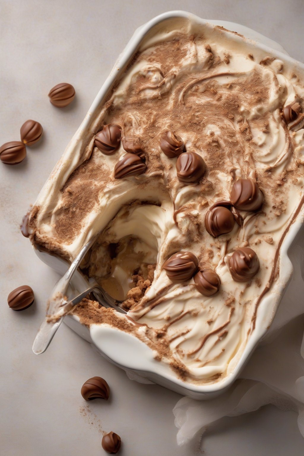 A high-resolution photo of hazelnut praline tiramisu with Nutella swirls under soft lighting.