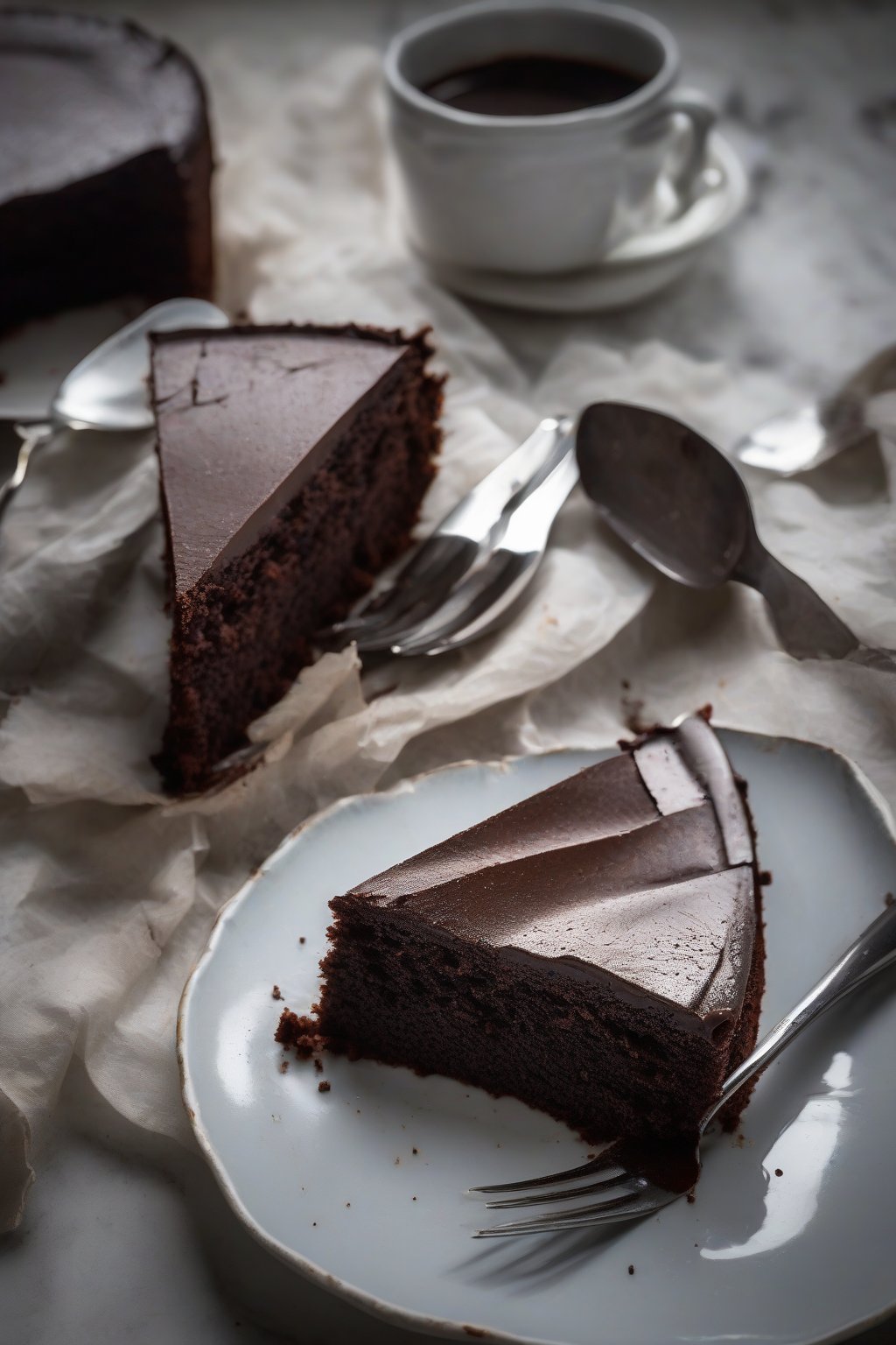 A high-resolution photo of flourless chocolate cake with cracked top and ganache under soft lighting.