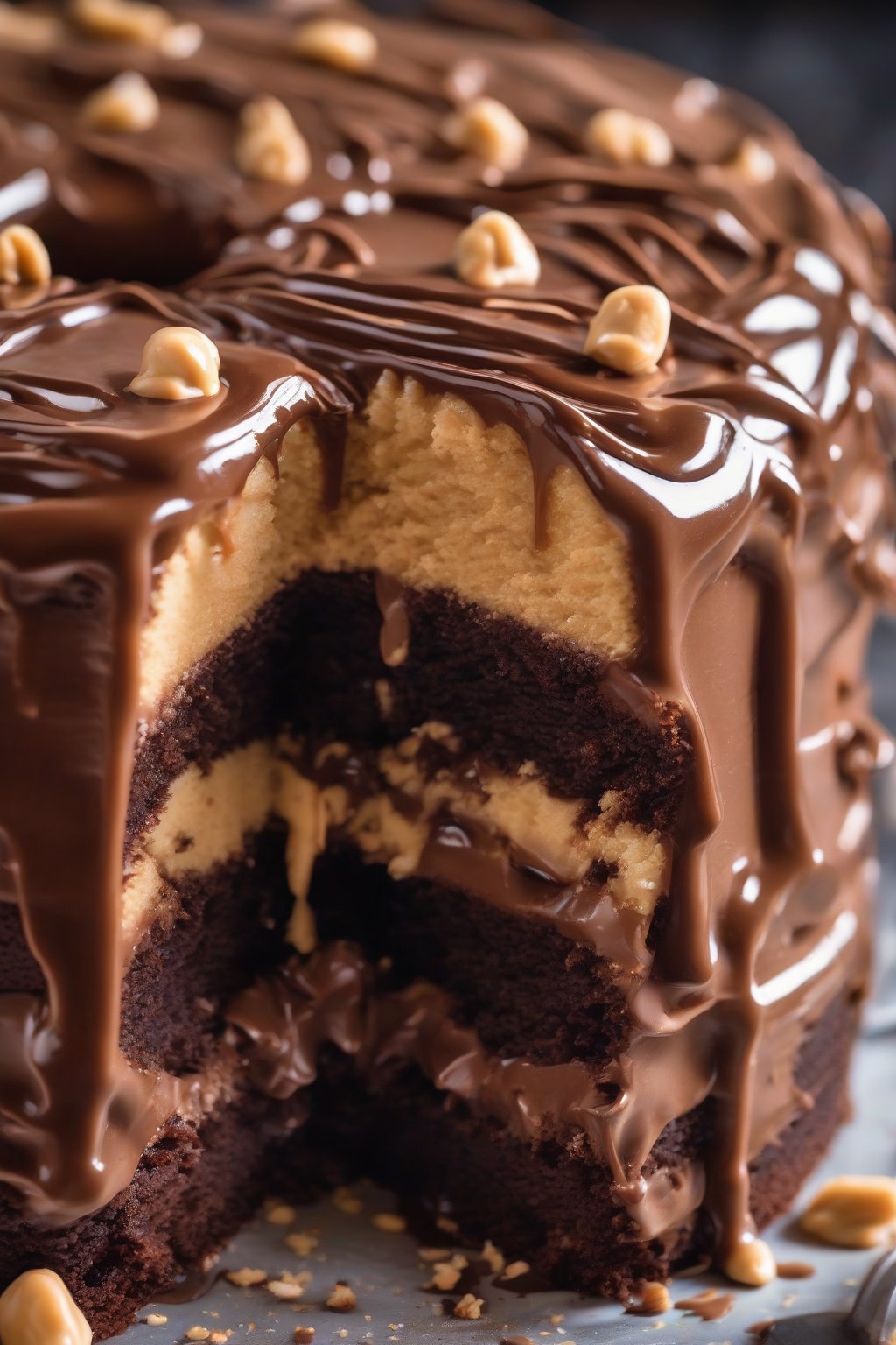 A high-resolution photo of chocolate peanut butter cake oozing filling under soft lighting.