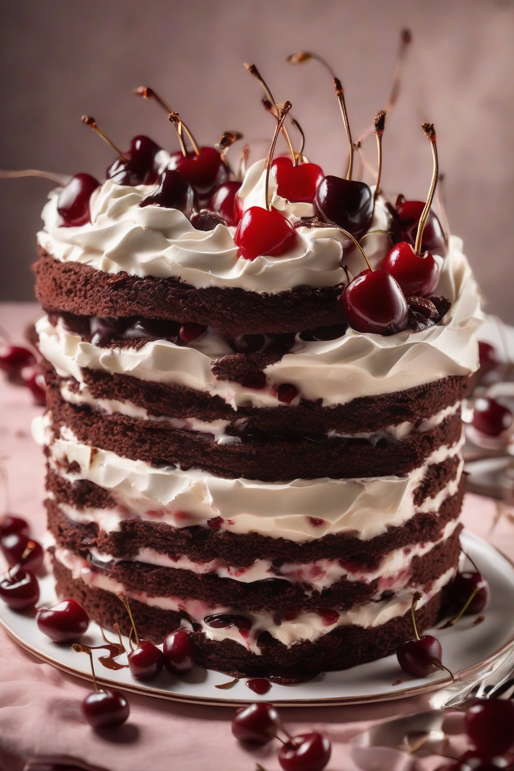 A high-resolution photo of Black Forest cake layered with cherries and cream under soft lighting.