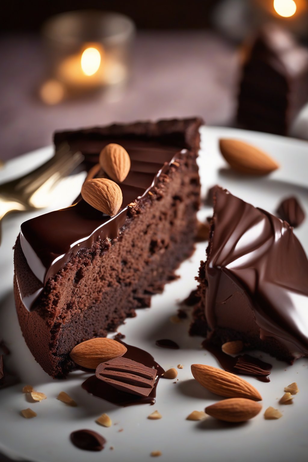 A high-resolution photo of elegant chocolate torte with almond garnish under soft lighting.