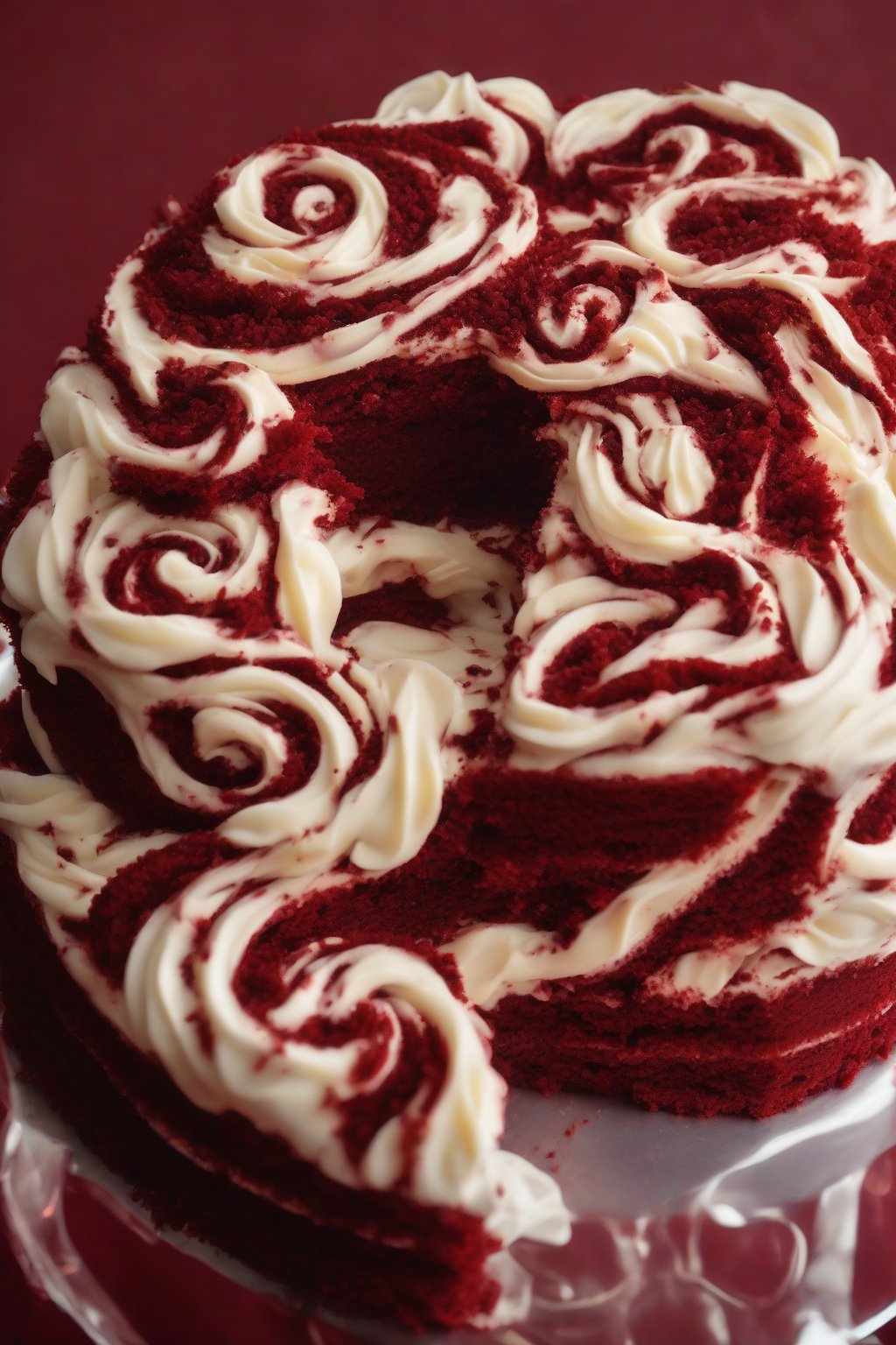 A high-resolution photo of red velvet chocolate cake with cream cheese swirls under soft lighting.