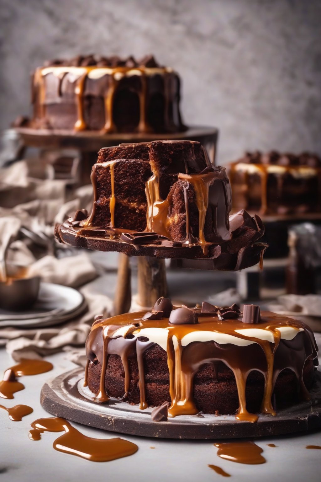 A high-resolution photo of salted caramel chocolate cake with dripping sauce under soft lighting.