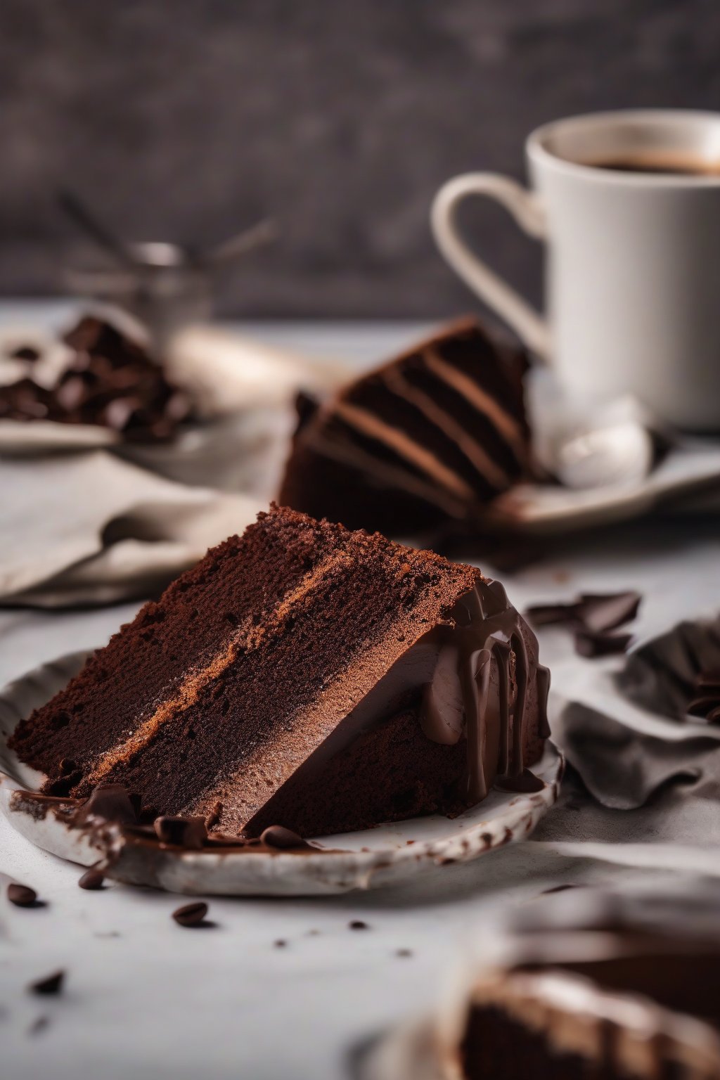 A high-resolution photo of mocha chocolate cake slice showing coffee flecks under soft lighting.