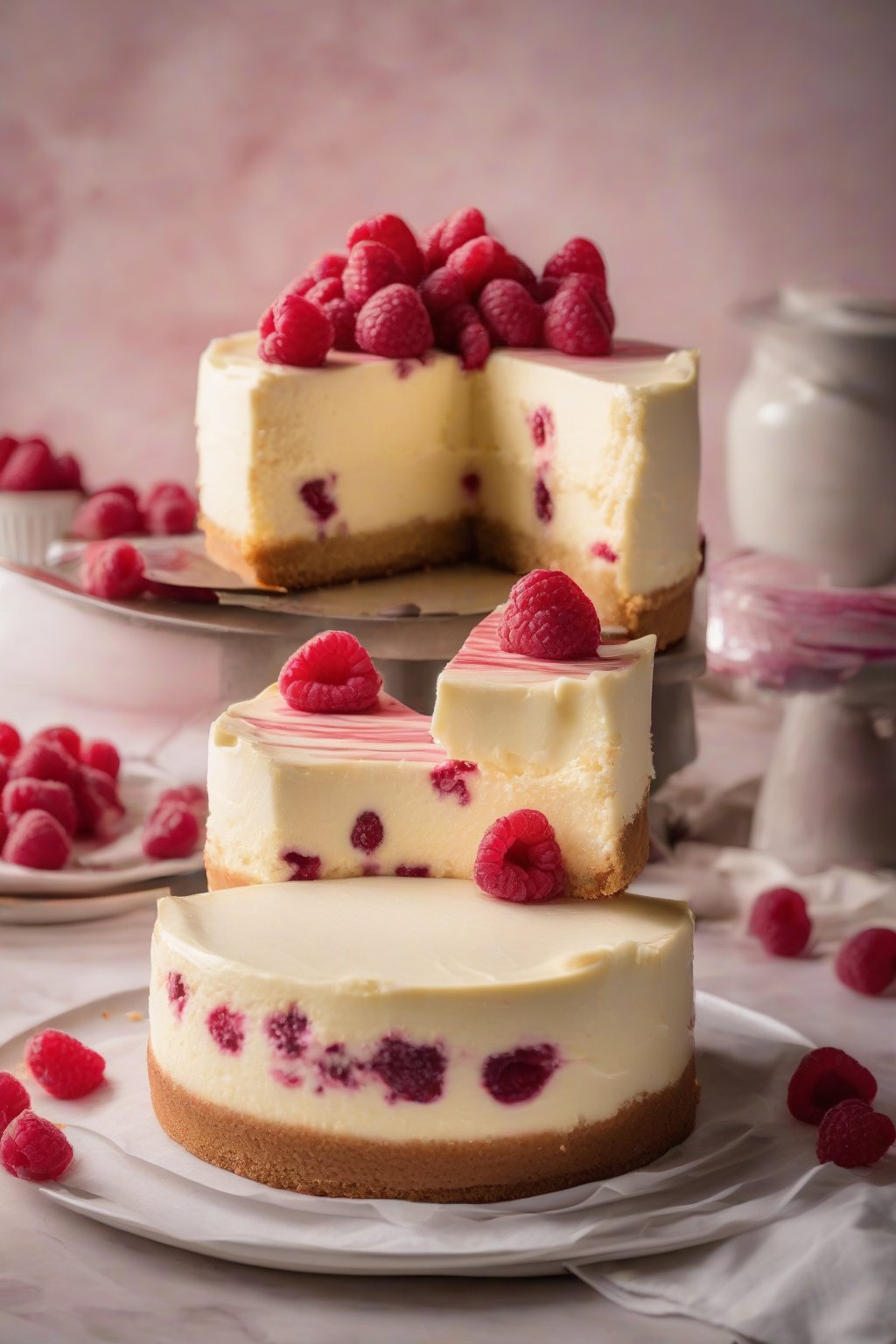 A high-resolution photo of white chocolate raspberry cheesecake cake under soft lighting.