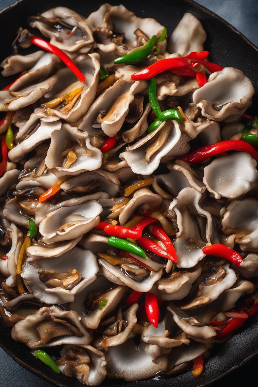 A high-resolution photo of steaming oyster mushroom stir-fry with vibrant peppers and garlic under soft lighting.
