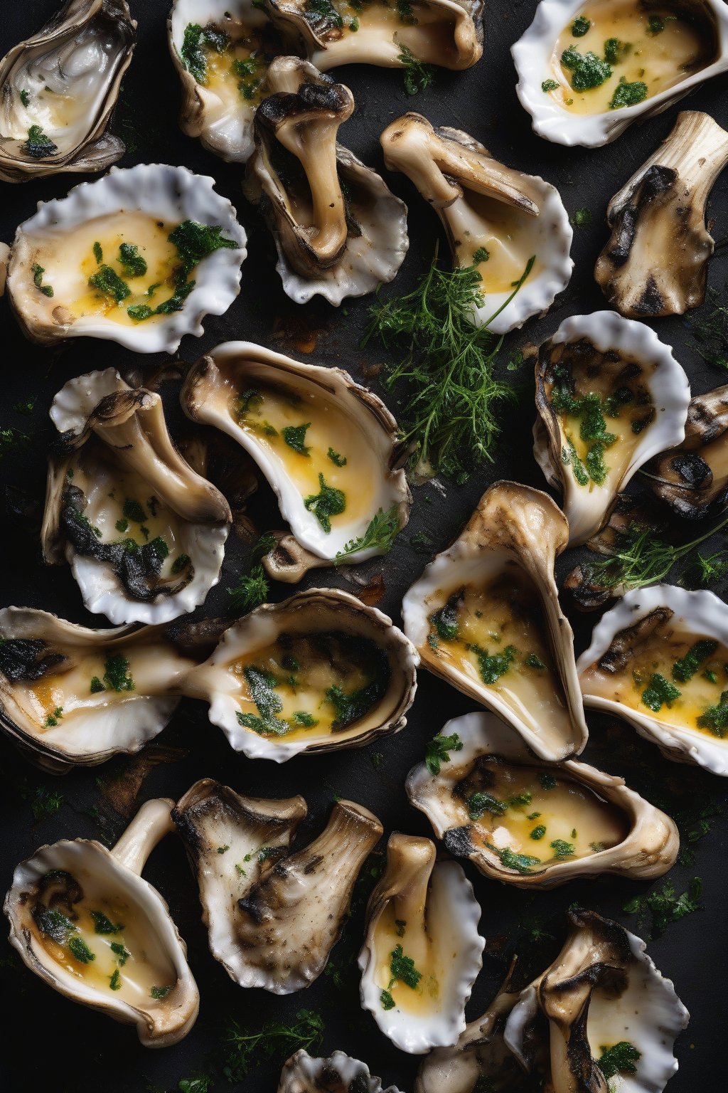 A high-resolution photo of charred grilled oyster mushrooms drizzled with herb butter under soft lighting.