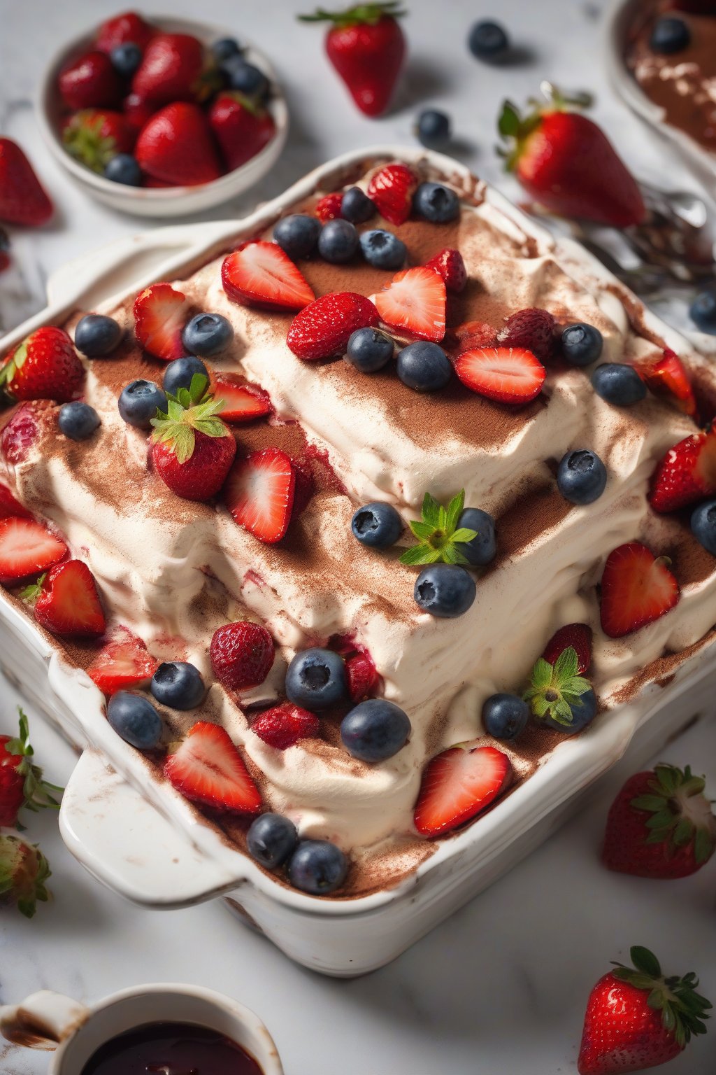 A high-resolution photo of strawberry balsamic tiramisu bursting with fresh berries under soft lighting.