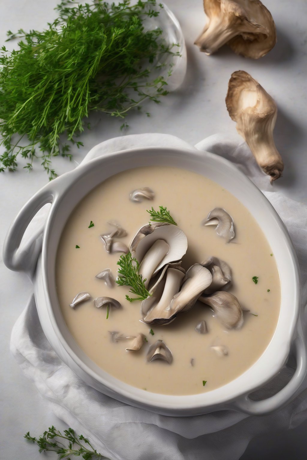 A high-resolution photo of a bowl of creamy oyster mushroom soup garnished with thyme under soft lighting.