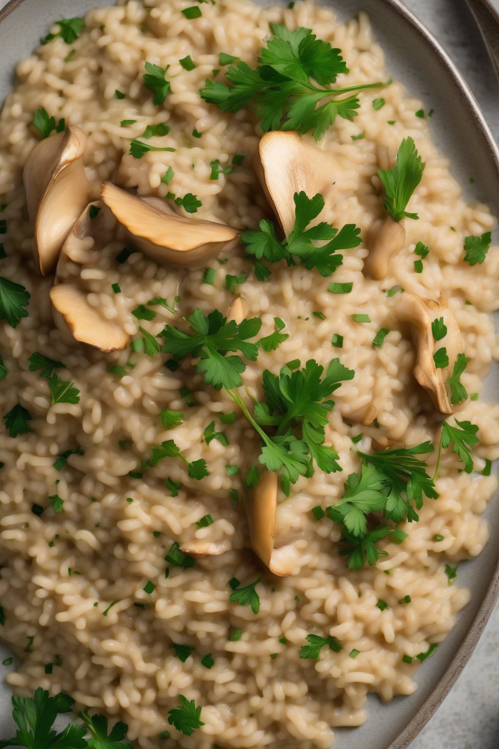 A high-resolution photo of golden oyster mushroom risotto topped with parsley under soft lighting.