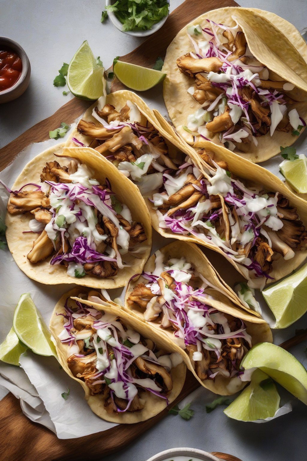 A high-resolution photo of crispy oyster mushroom tacos with fresh slaw under soft lighting.