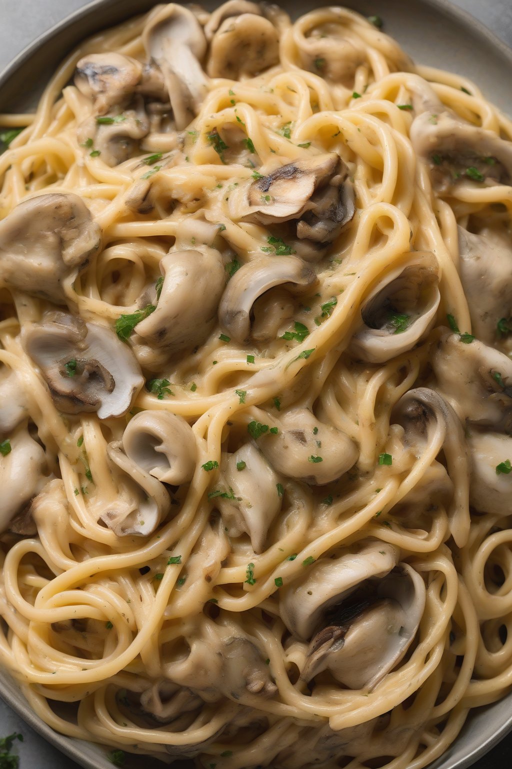 A high-resolution photo of twirled oyster mushroom carbonara pasta under soft lighting.