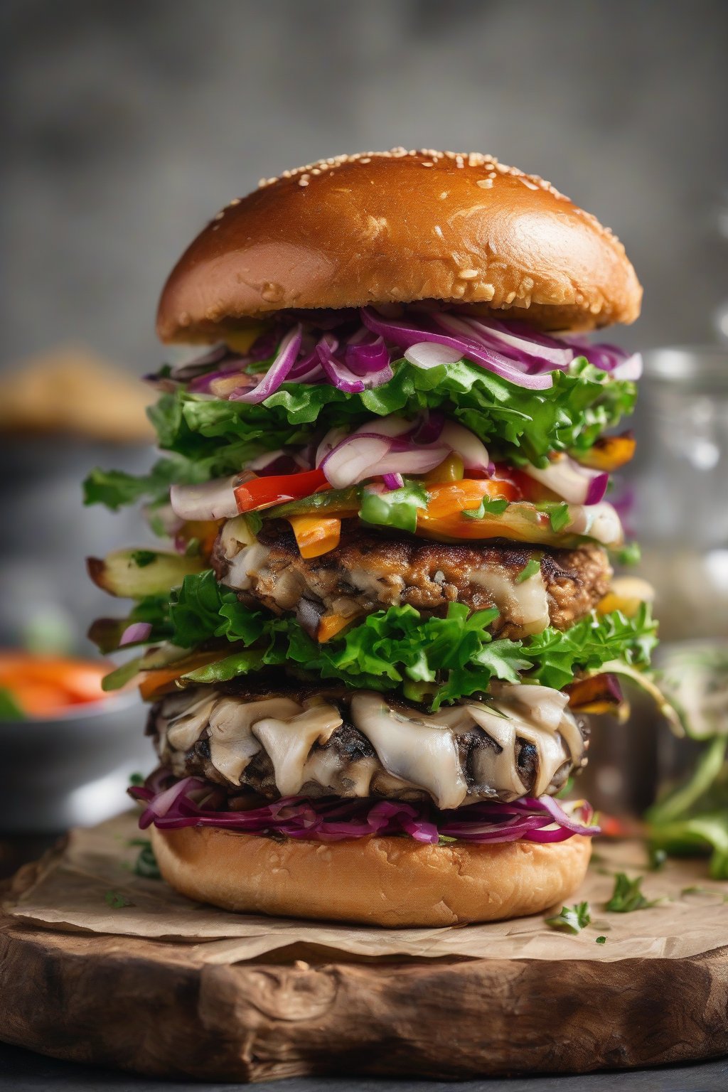 A high-resolution photo of stacked oyster mushroom veggie burger with toppings under soft lighting.