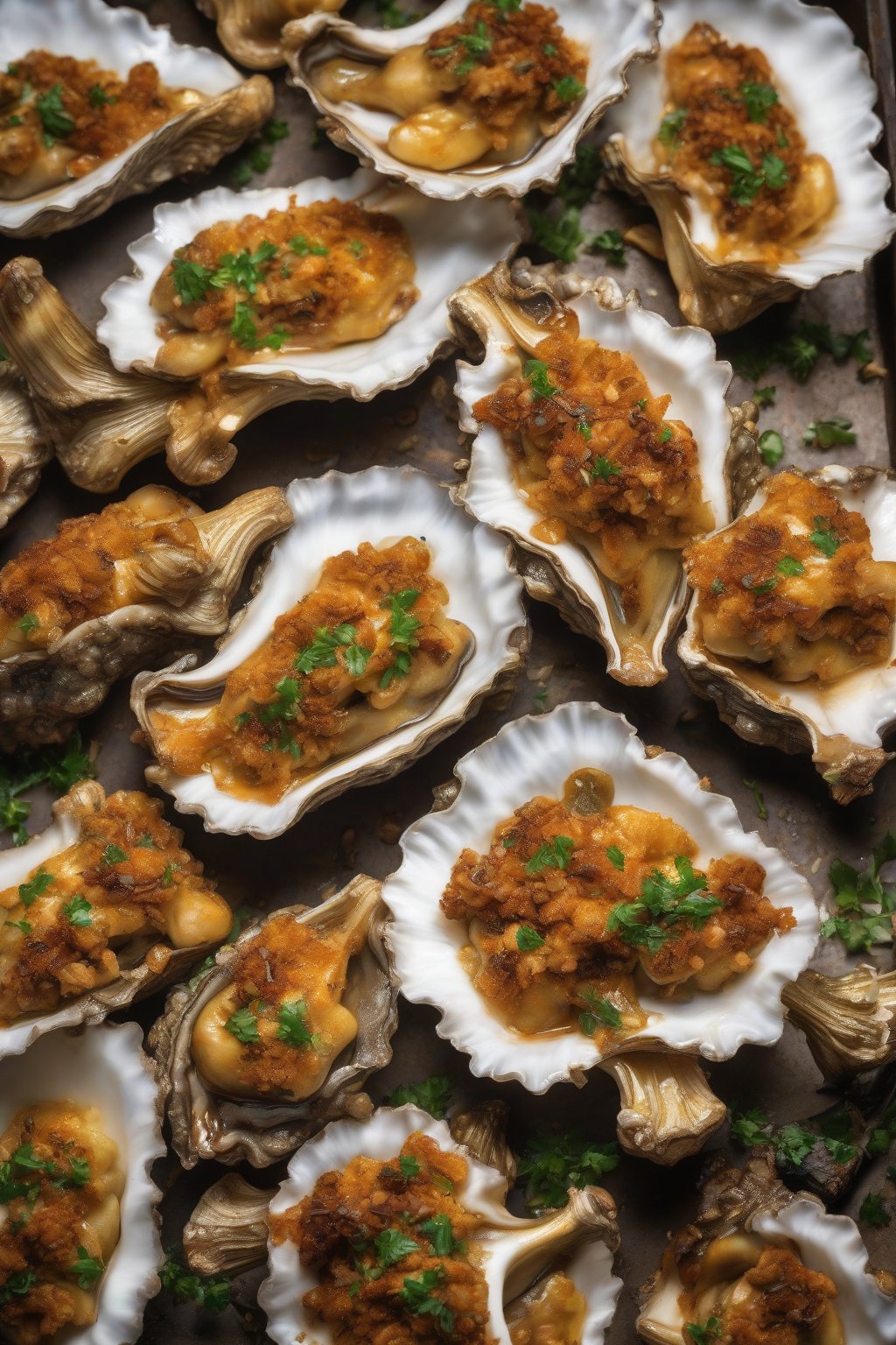 A high-resolution photo of golden baked stuffed oyster mushrooms under soft lighting.
