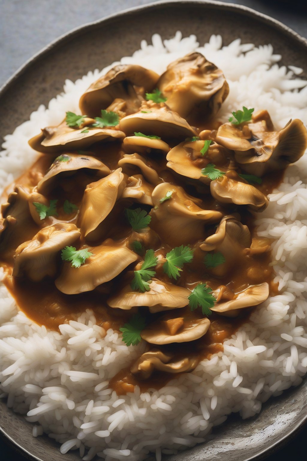 A high-resolution photo of steaming oyster mushroom curry over rice under soft lighting.