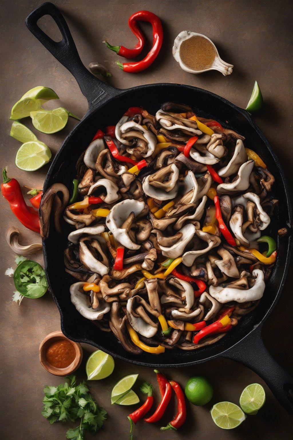 A high-resolution photo of sizzling oyster mushroom fajitas on a cast-iron skillet under soft lighting.