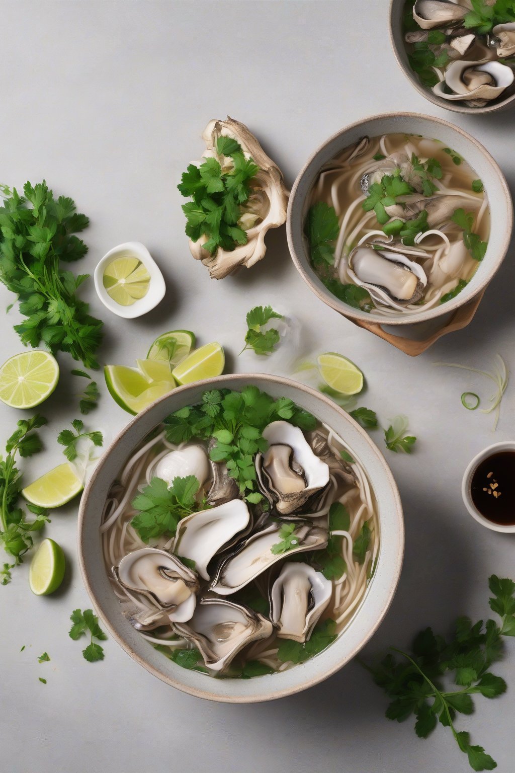 A high-resolution photo of a bowl of oyster mushroom pho with herbs and lime under soft lighting.