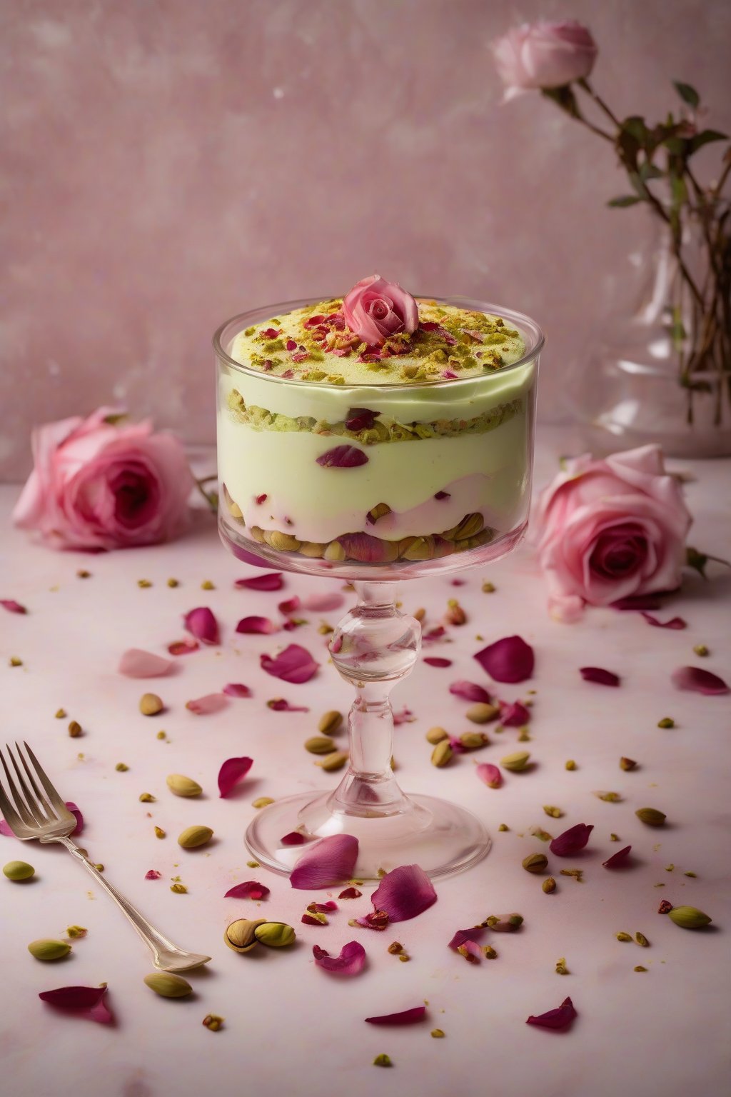 A high-resolution photo of pistachio rosewater tiramisu adorned with candied rose petals under soft lighting.