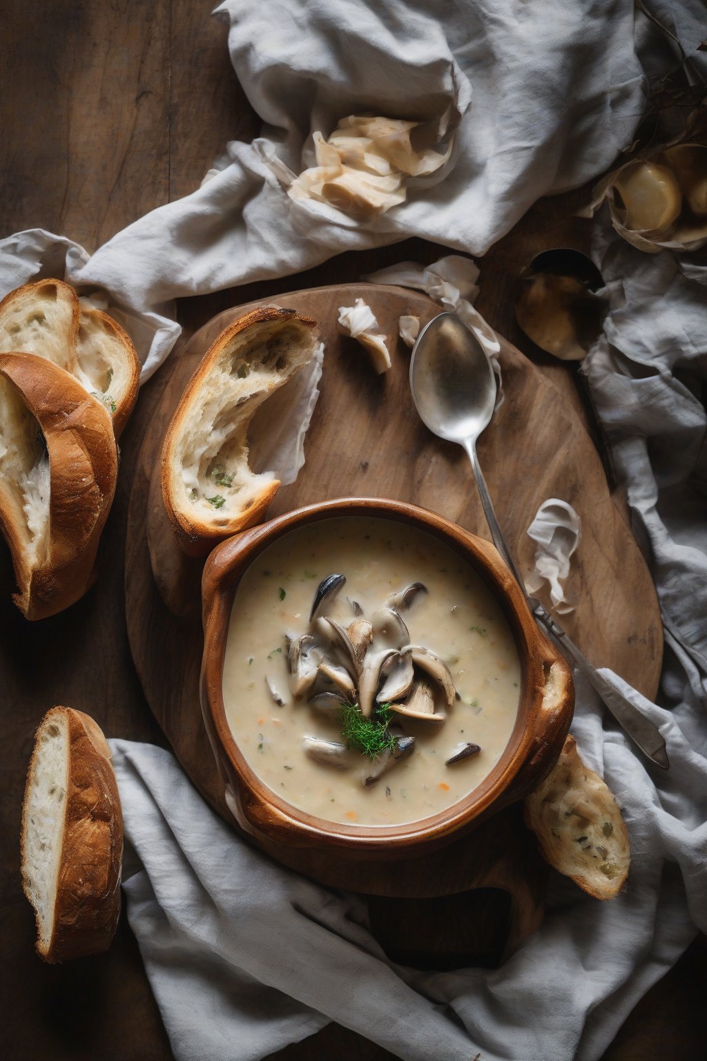 A high-resolution photo of creamy smoked oyster mushroom chowder in a bread bowl under soft lighting.