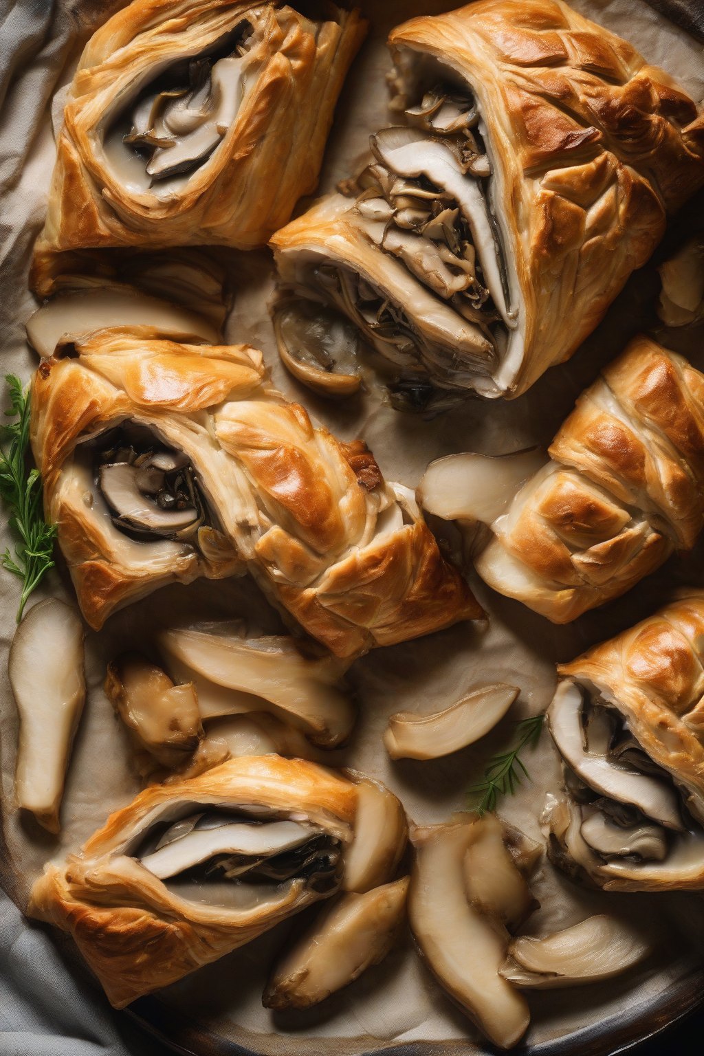 A high-resolution photo of sliced vegan oyster mushroom Wellington under soft lighting.