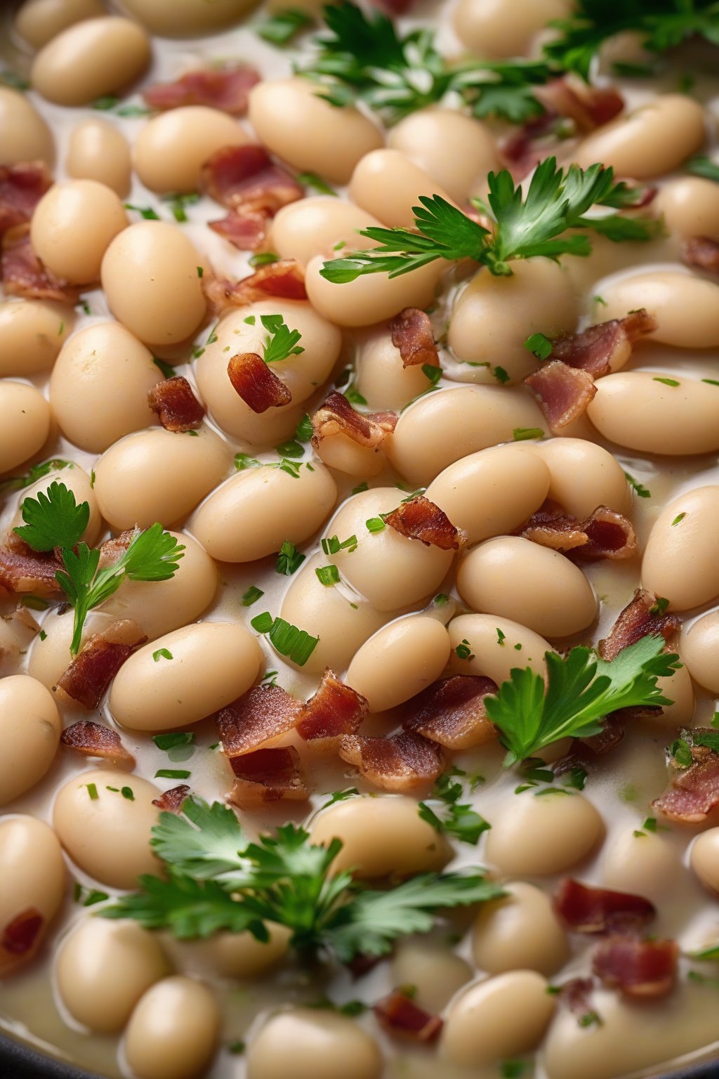 A high-resolution photo of steaming classic Southern butter beans with bacon bits on top, garnished with fresh parsley, under soft lighting.