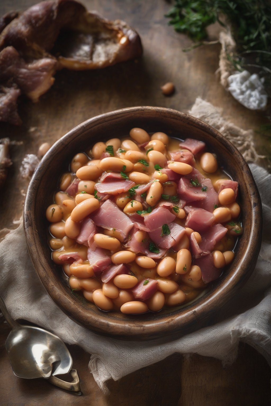 A high-resolution photo of smoky ham hock butter beans in a rustic bowl, with chunks of ham visible, under soft lighting.