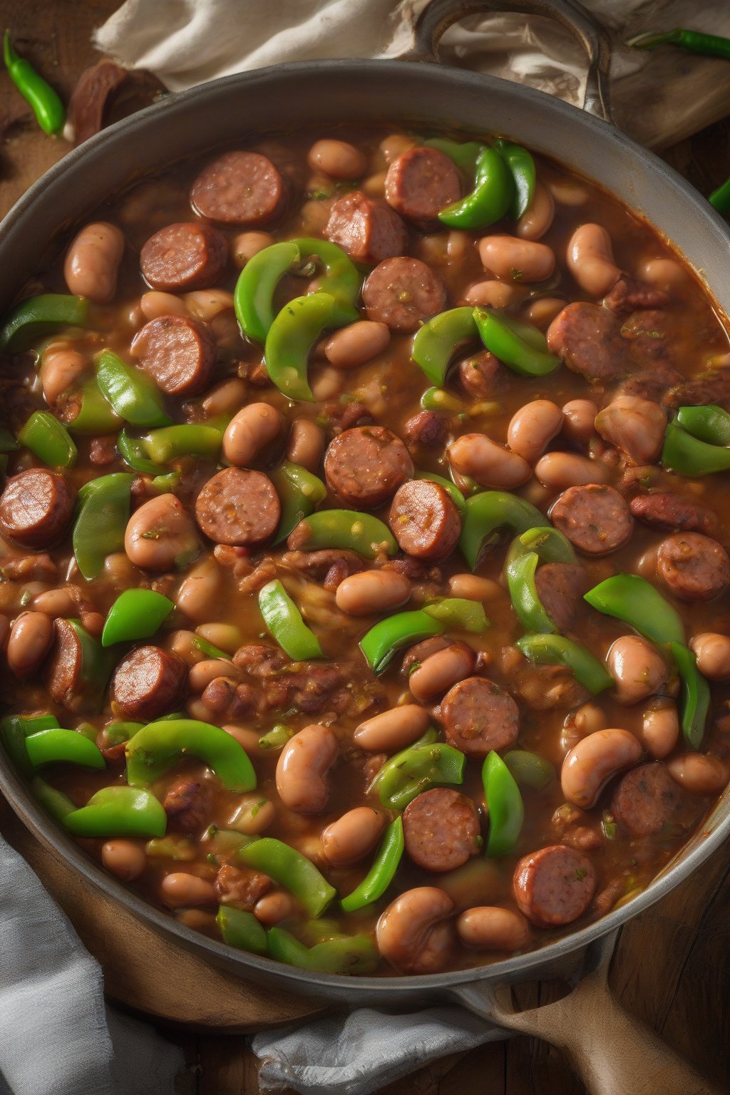 A high-resolution photo of spicy Cajun butter beans with sausage slices and green peppers, steam rising, under soft lighting.