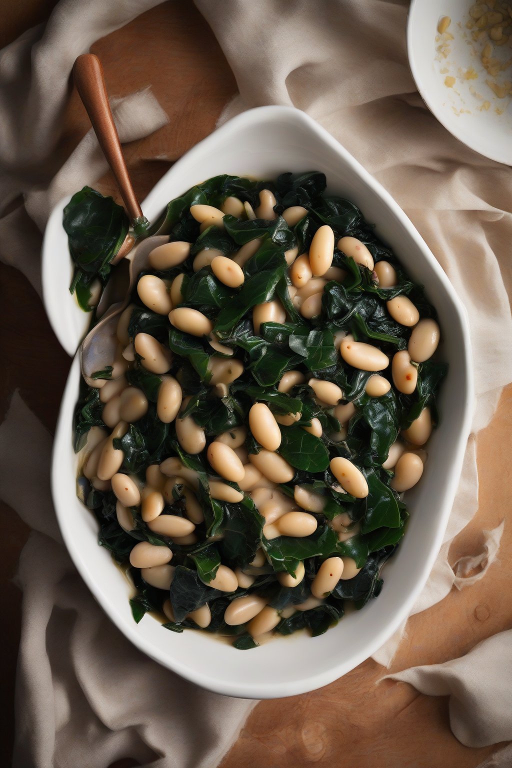 A high-resolution photo of butter beans mixed with vibrant collard greens in a white bowl, under soft lighting.