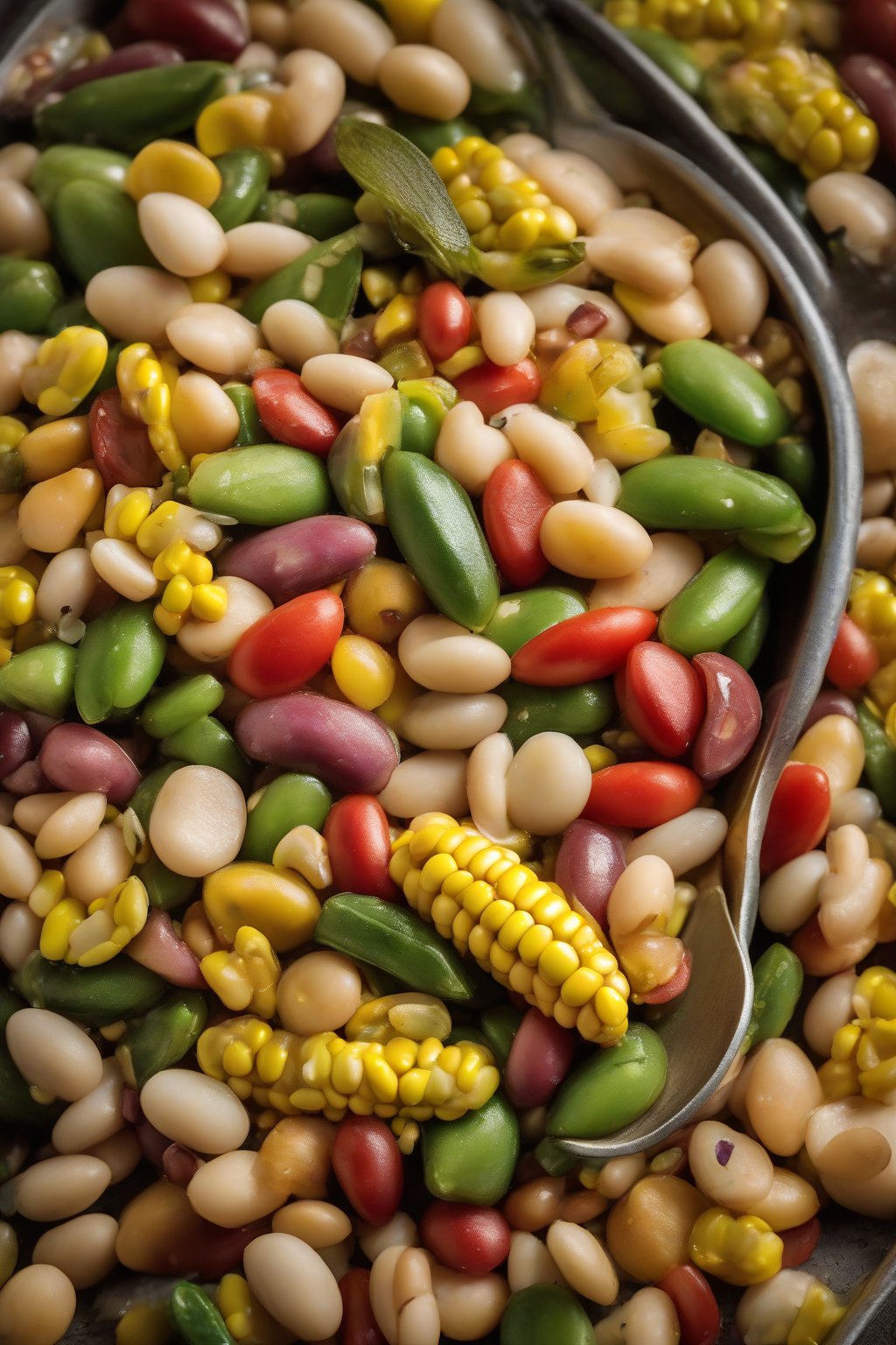 A high-resolution photo of colorful Southern succotash with butter beans, corn, and okra, under soft lighting.