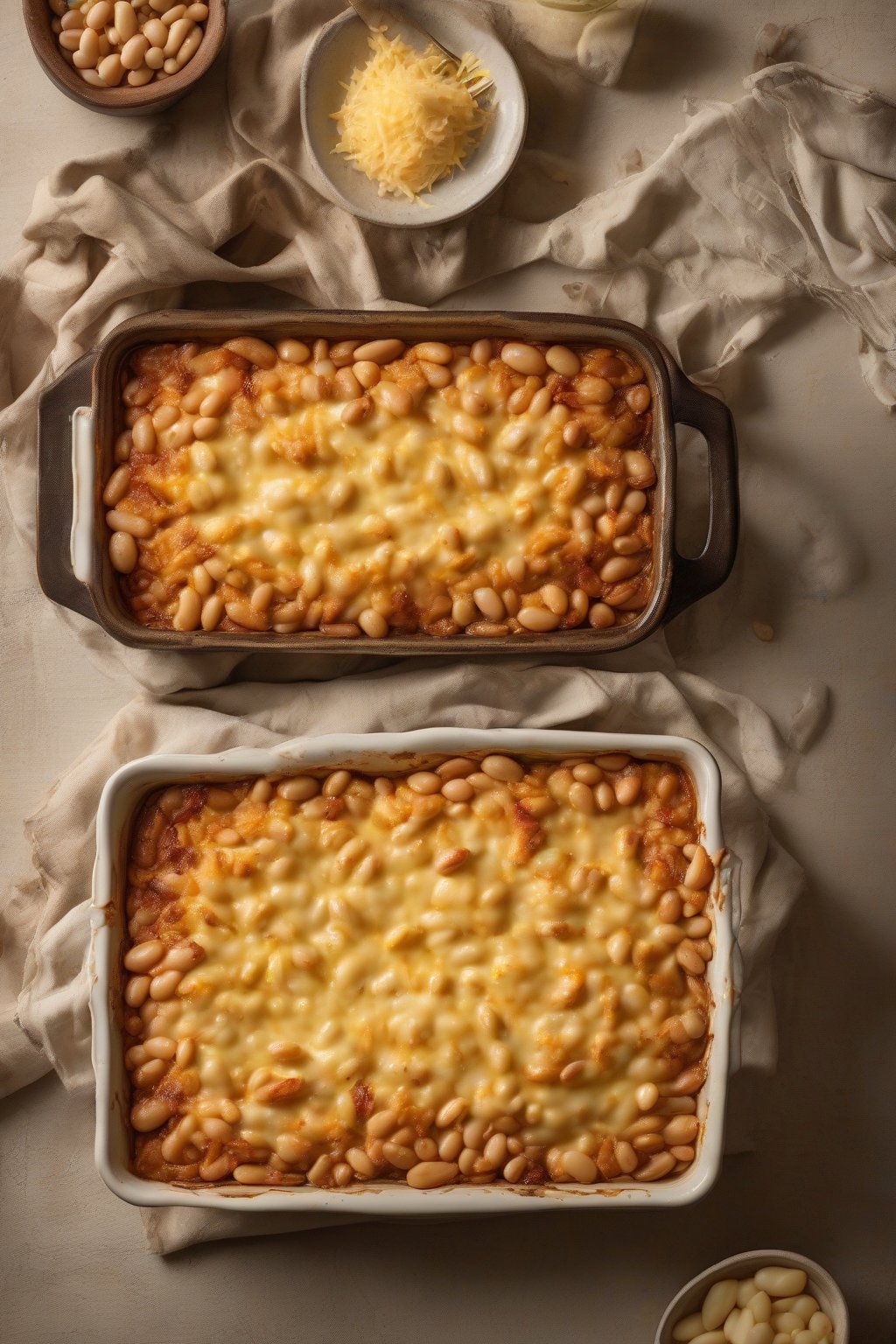 A high-resolution photo of golden cheesy butter bean casserole fresh from the oven, under soft lighting.