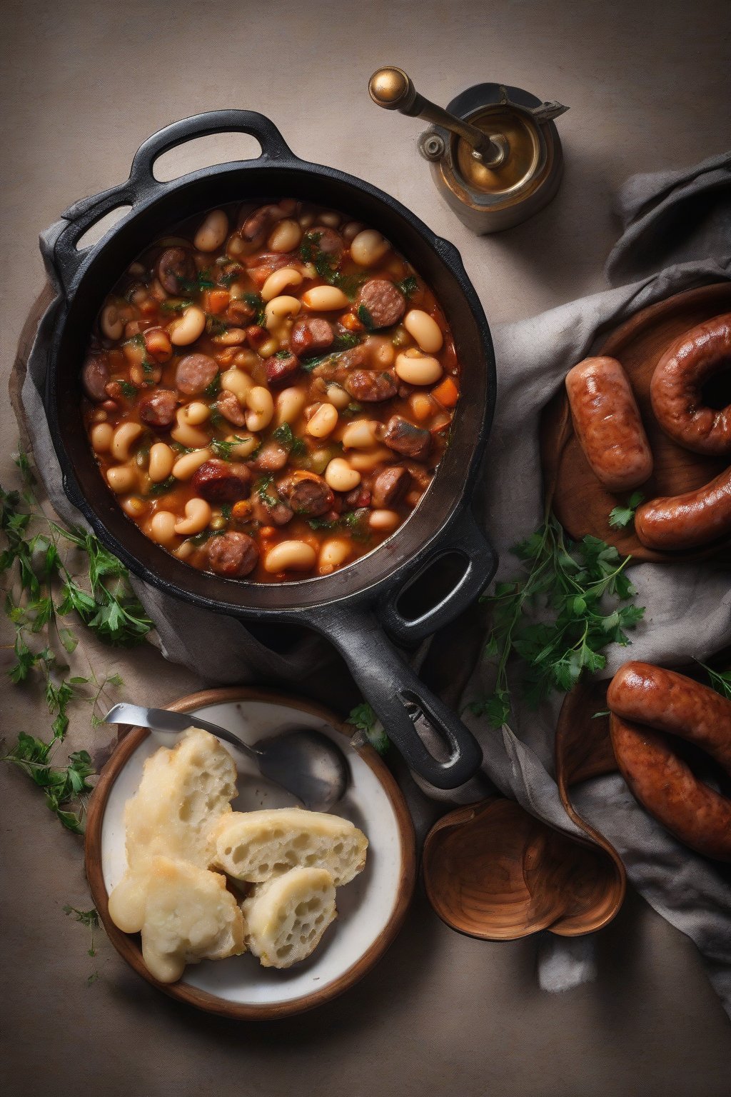A high-resolution photo of rich butter bean and sausage stew in a cast-iron pot, under soft lighting.