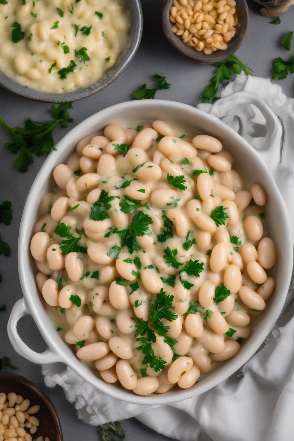 A high-resolution photo of creamy garlic Parmesan butter beans sprinkled with parsley, under soft lighting.