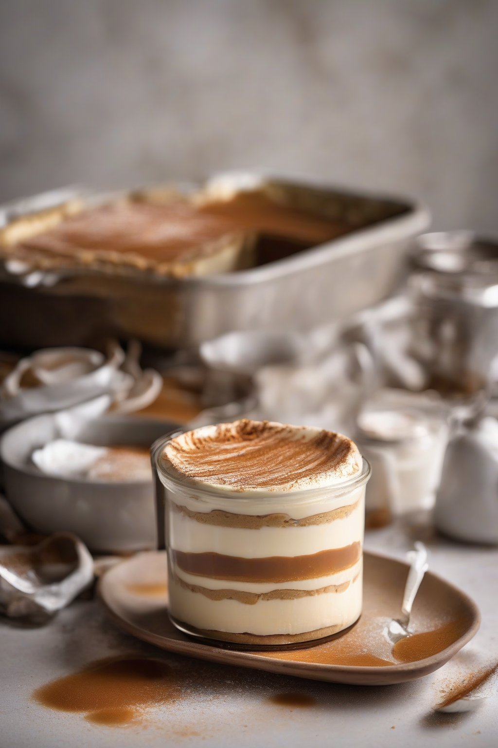 A high-resolution photo of salted caramel tiramisu dusted with fleur de sel under soft lighting.
