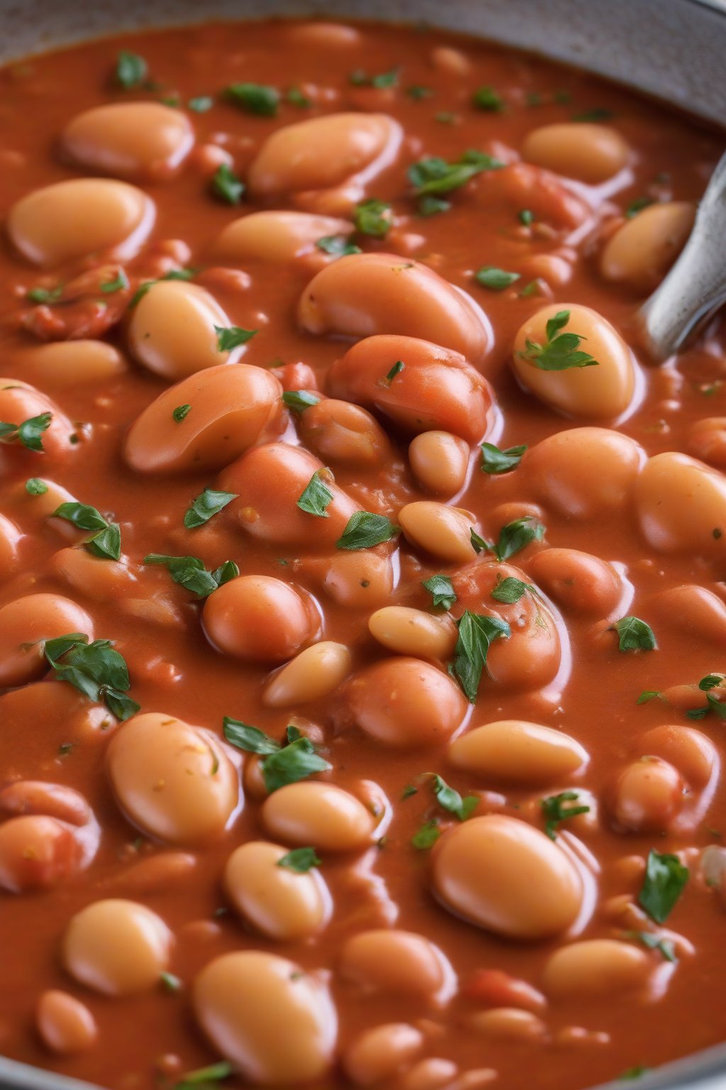 A high-resolution photo of butter beans smothered in thick tomato gravy, under soft lighting.
