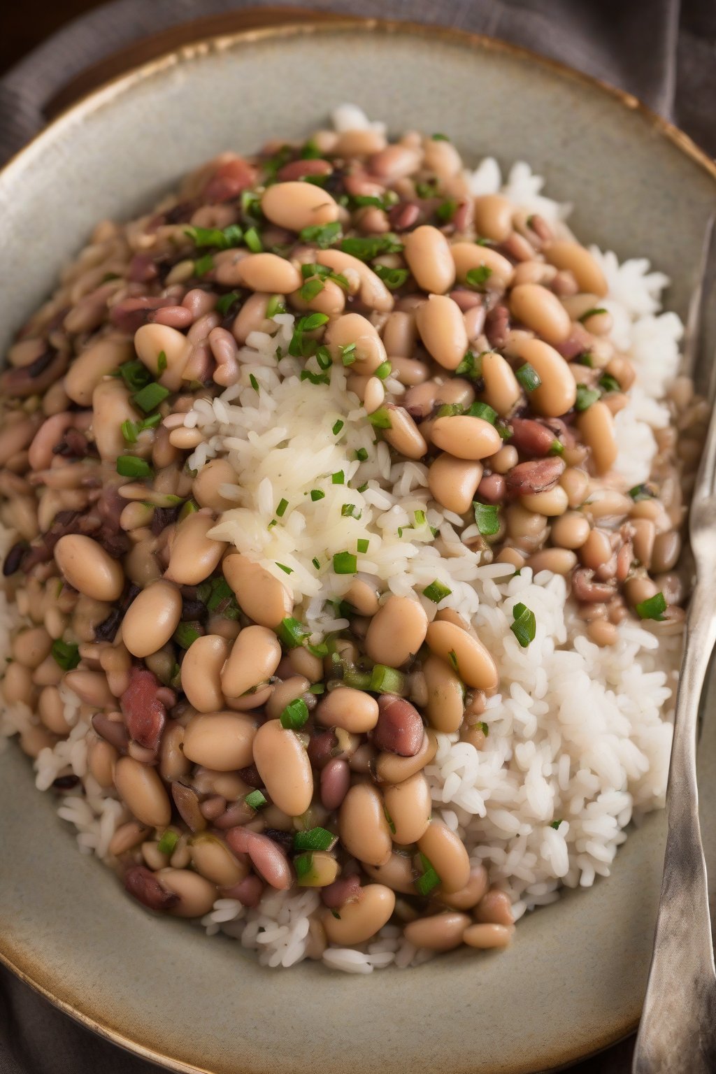 A high-resolution photo of Hoppin' John featuring butter beans over rice, under soft lighting.
