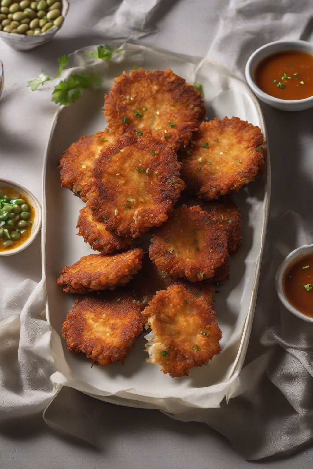 A high-resolution photo of crispy fried butter bean patties on a plate with dipping sauce, under soft lighting.