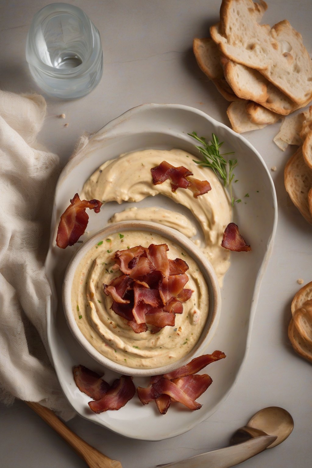 A high-resolution photo of smooth Southern butter bean hummus topped with bacon, under soft lighting.