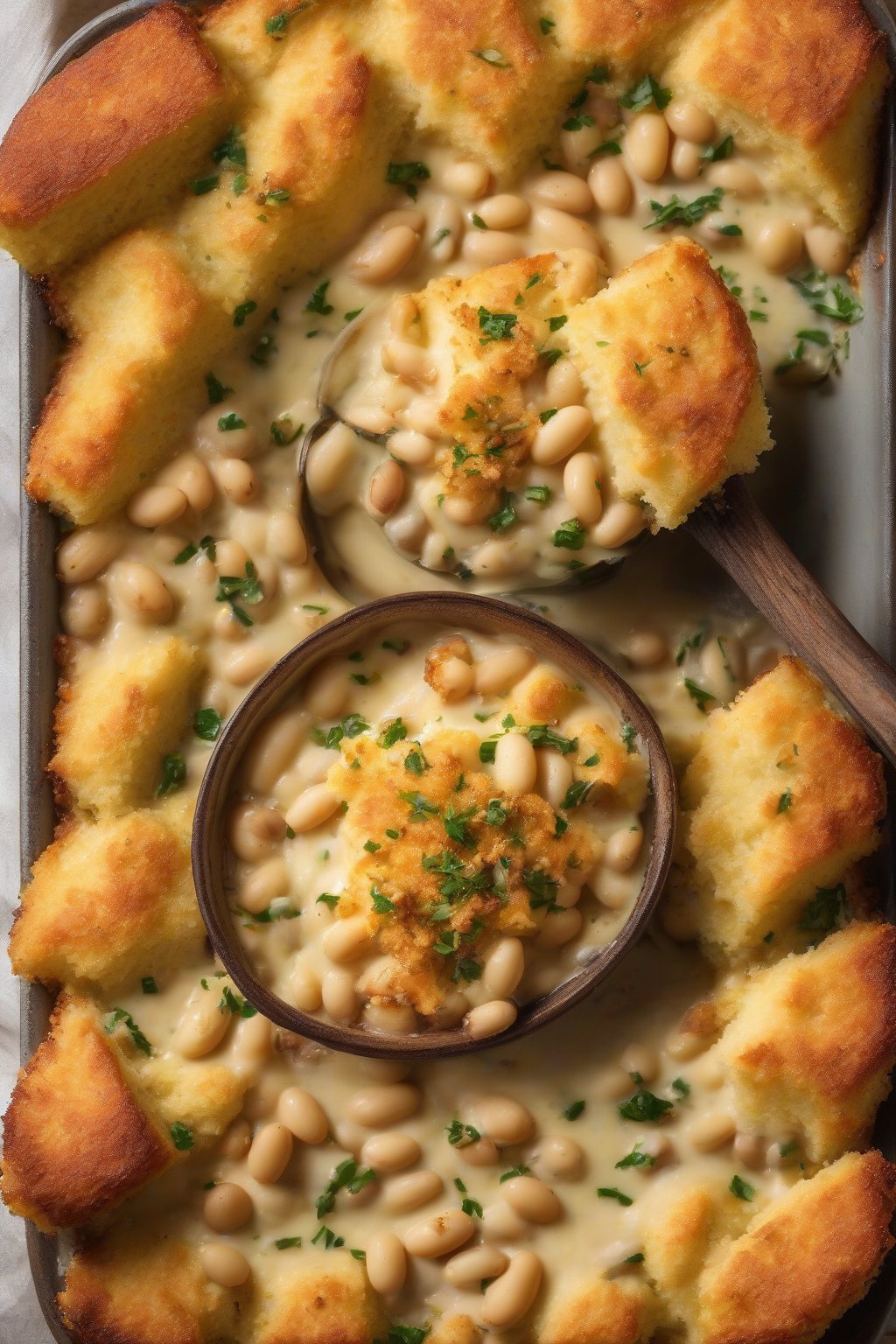 A high-resolution photo of creamy butter beans baked with cornbread topping, under soft lighting.