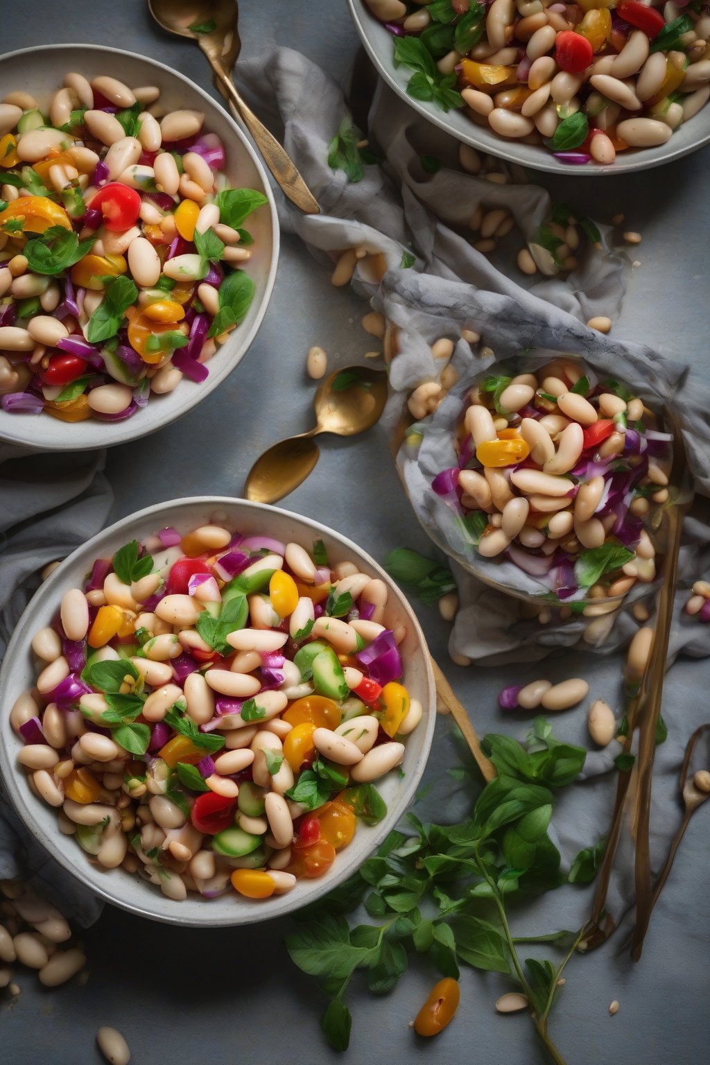A high-resolution photo of vibrant sweet and savory butter bean salad in a bowl, under soft lighting.