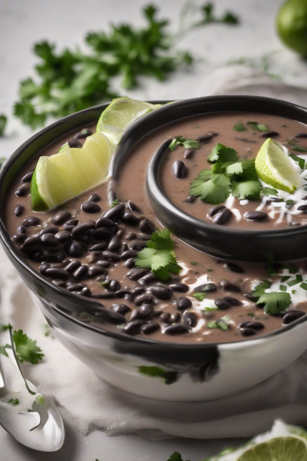 A high-resolution photo of a steaming bowl of creamy black bean soup garnished with lime wedges and cilantro, under soft lighting.
