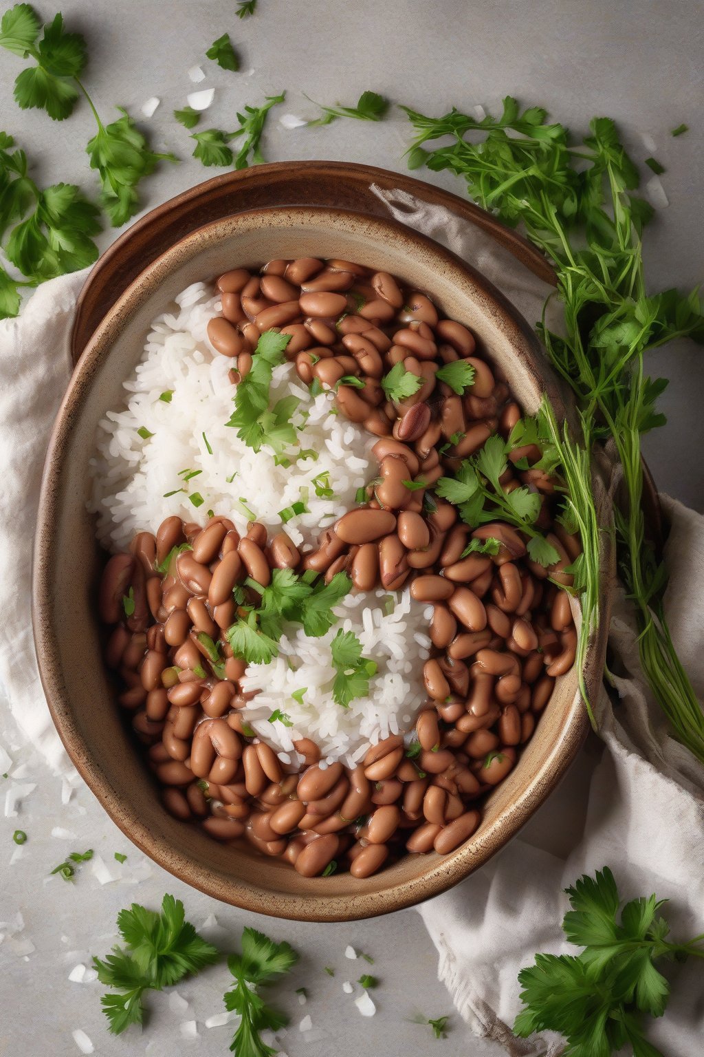 A high-resolution photo of pinto beans served over fluffy white rice in a rustic bowl, topped with fresh herbs, under soft lighting.