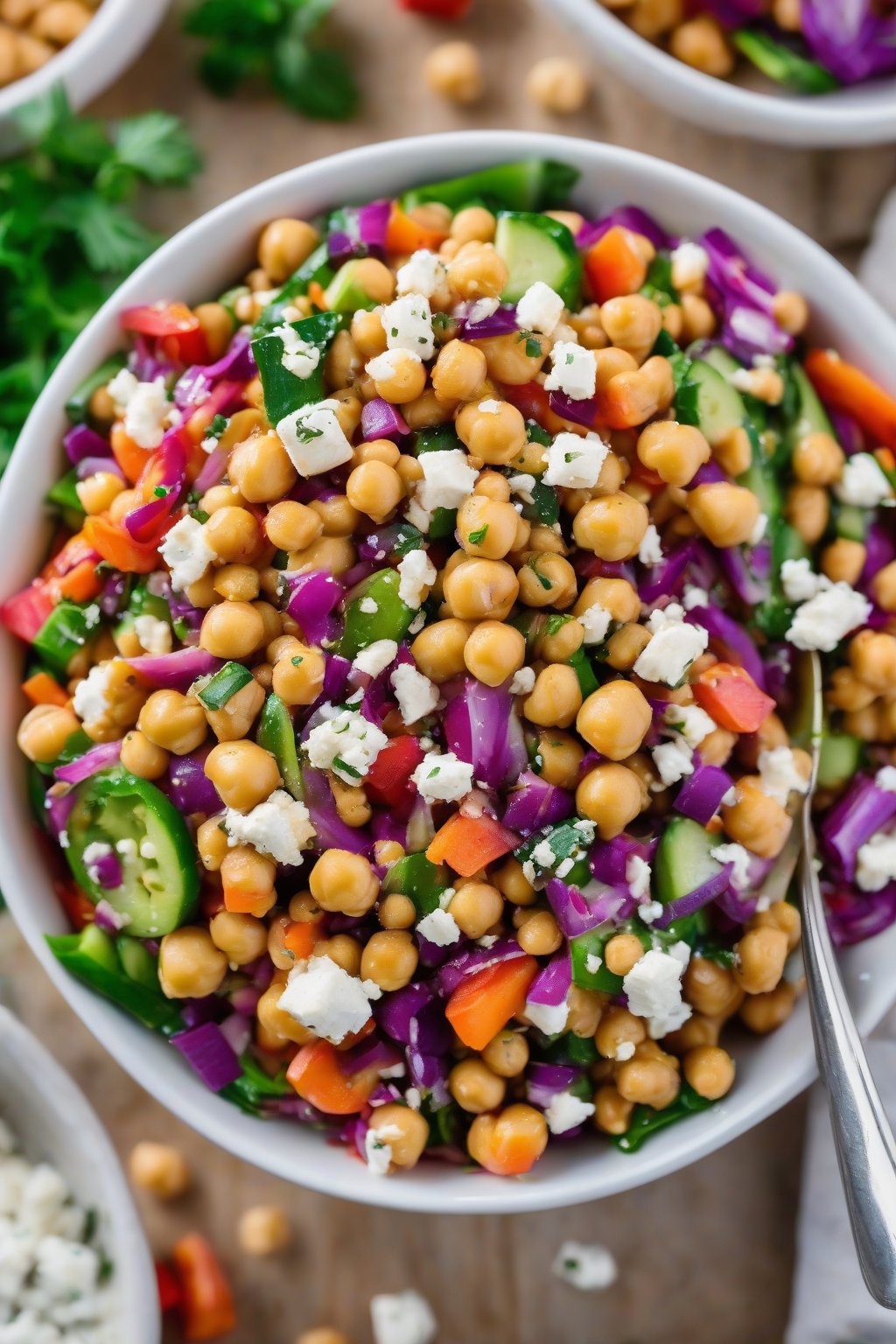 A high-resolution photo of a vibrant chickpea salad with colorful veggies and feta crumbles in a white bowl, under soft lighting.