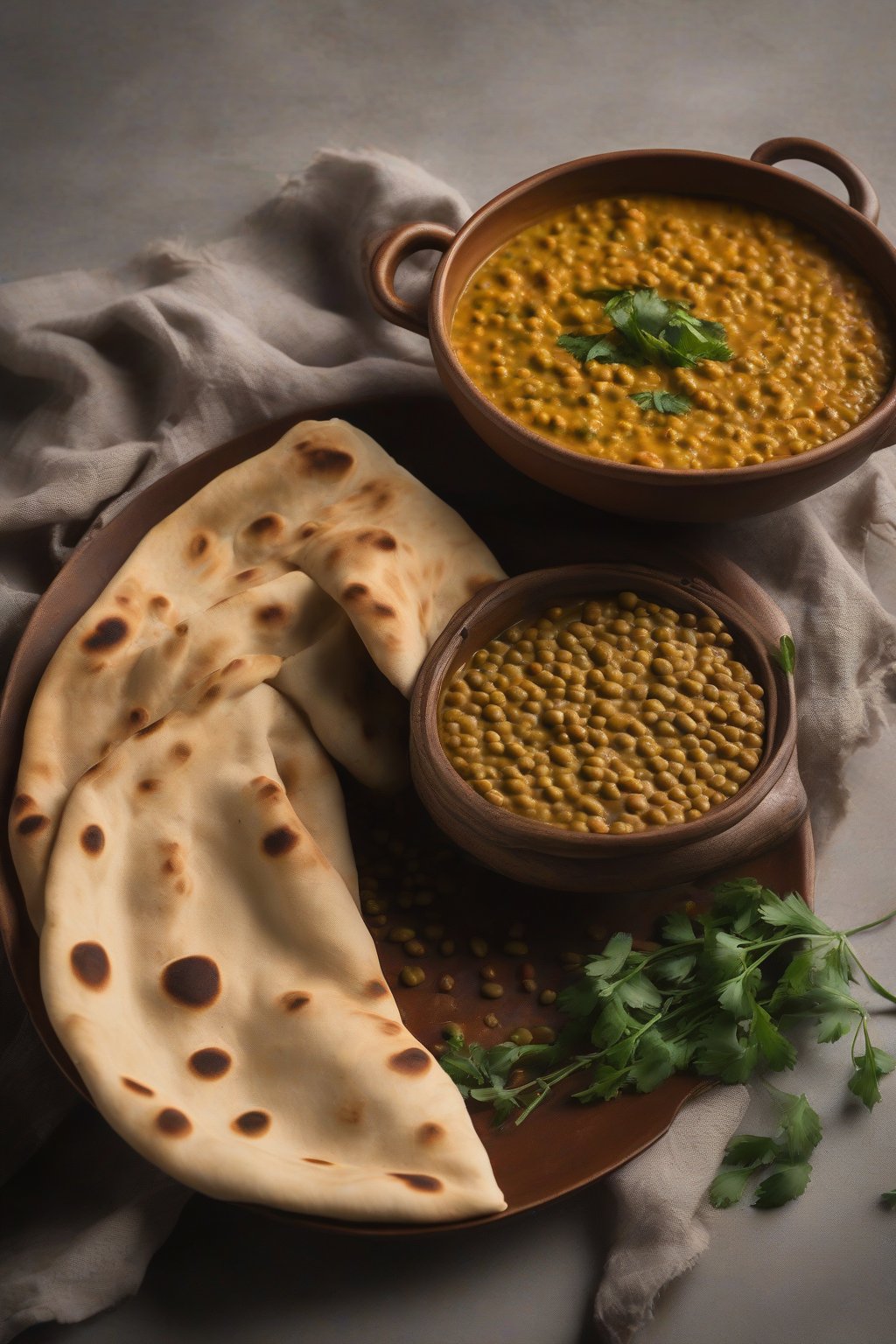 A high-resolution photo of lentil dal in a clay bowl with a side of naan, steam rising gently, under soft lighting.