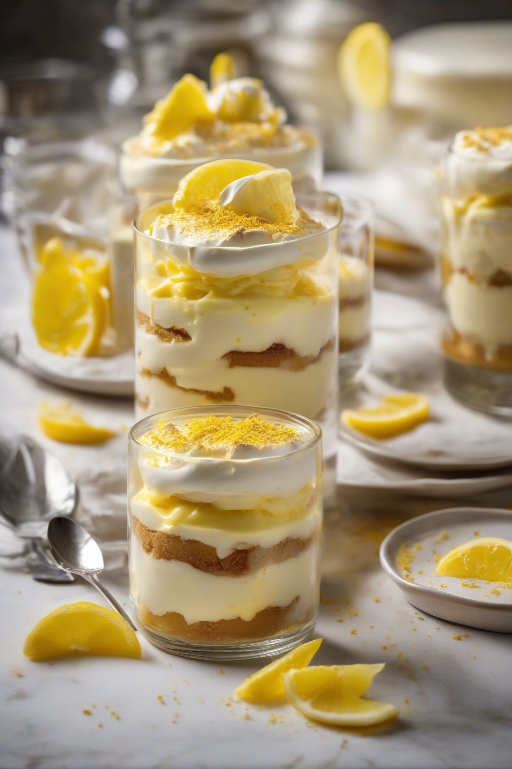 A high-resolution photo of lemon curd tiramisu with vibrant yellow zest under soft lighting.
