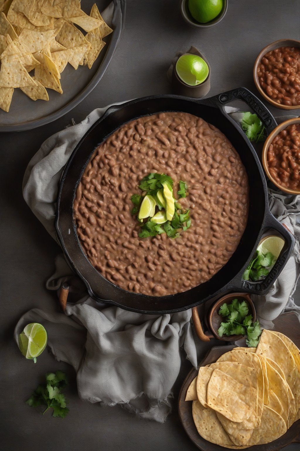 A high-resolution photo of refried beans in a cast-iron skillet with tortilla chips nearby, under soft lighting.