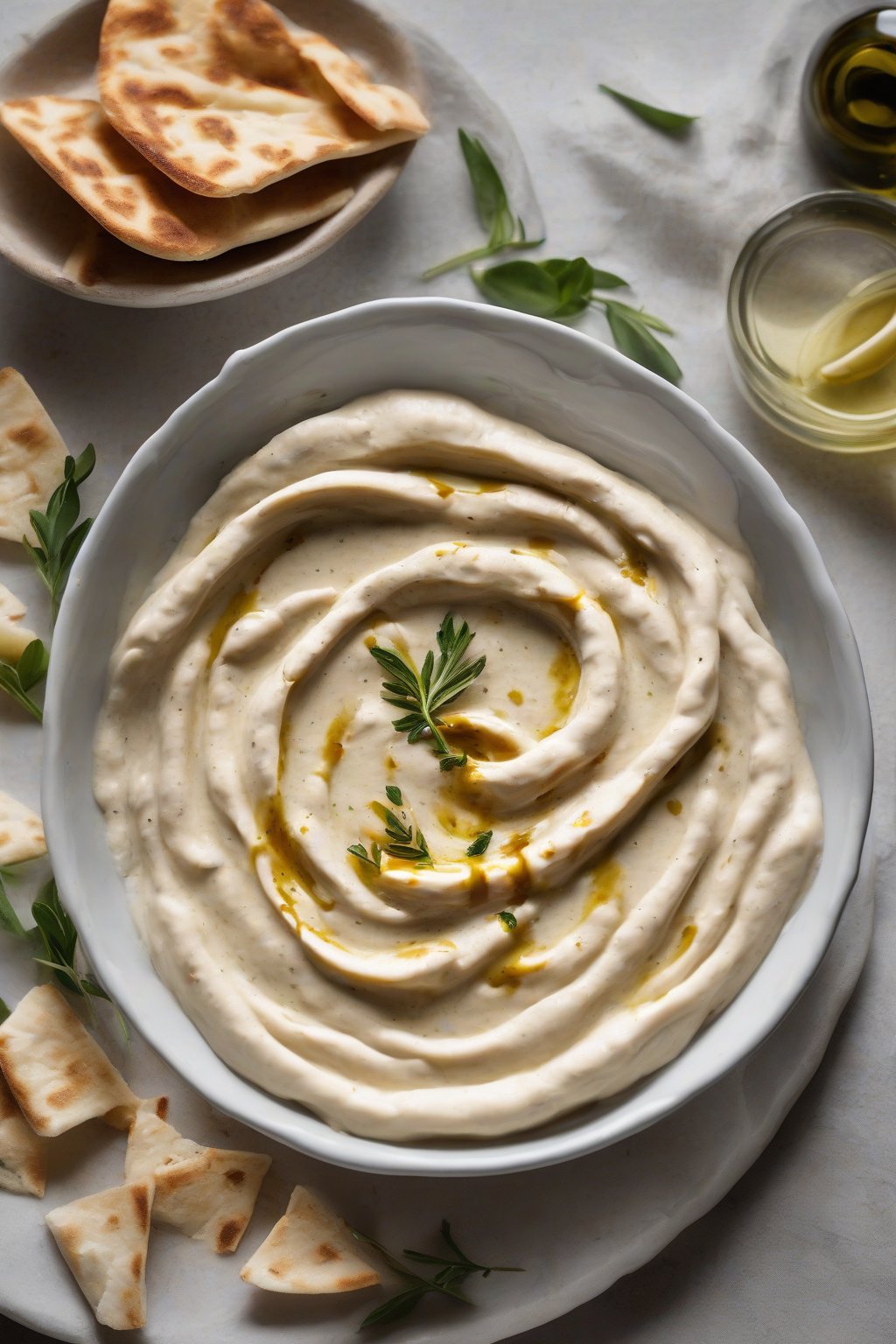 A high-resolution photo of white bean hummus swirled in a bowl with olive oil drizzle and pita wedges, under soft lighting.