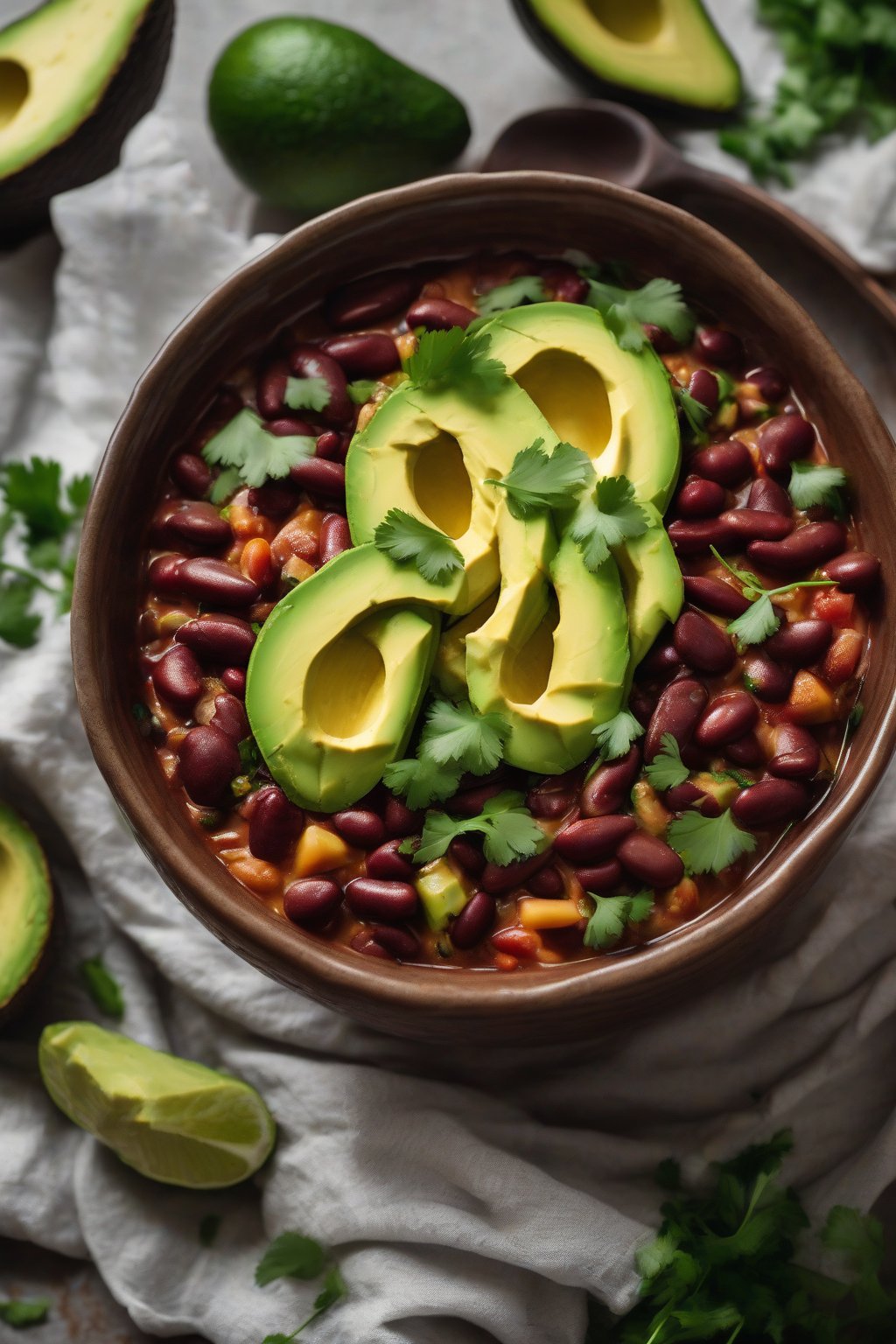 A high-resolution photo of kidney bean chili topped with avocado and cilantro in a deep bowl, under soft lighting.