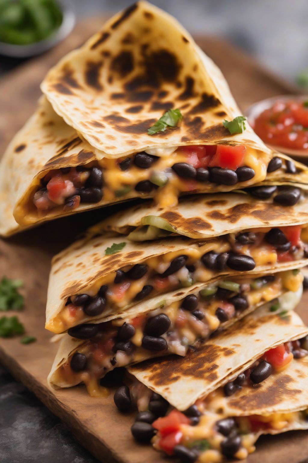 A high-resolution photo of a golden quesadilla sliced open revealing black bean filling, with salsa dip, under soft lighting.