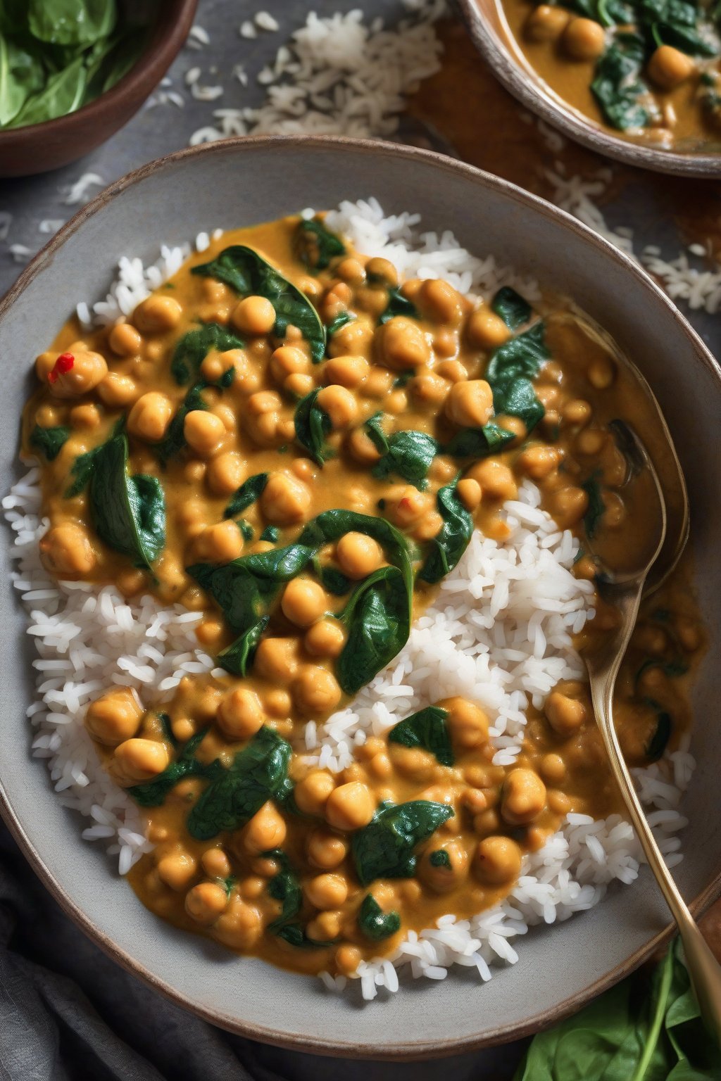 A high-resolution photo of garbanzo bean curry with spinach in a coconut milk sauce over rice, under soft lighting.