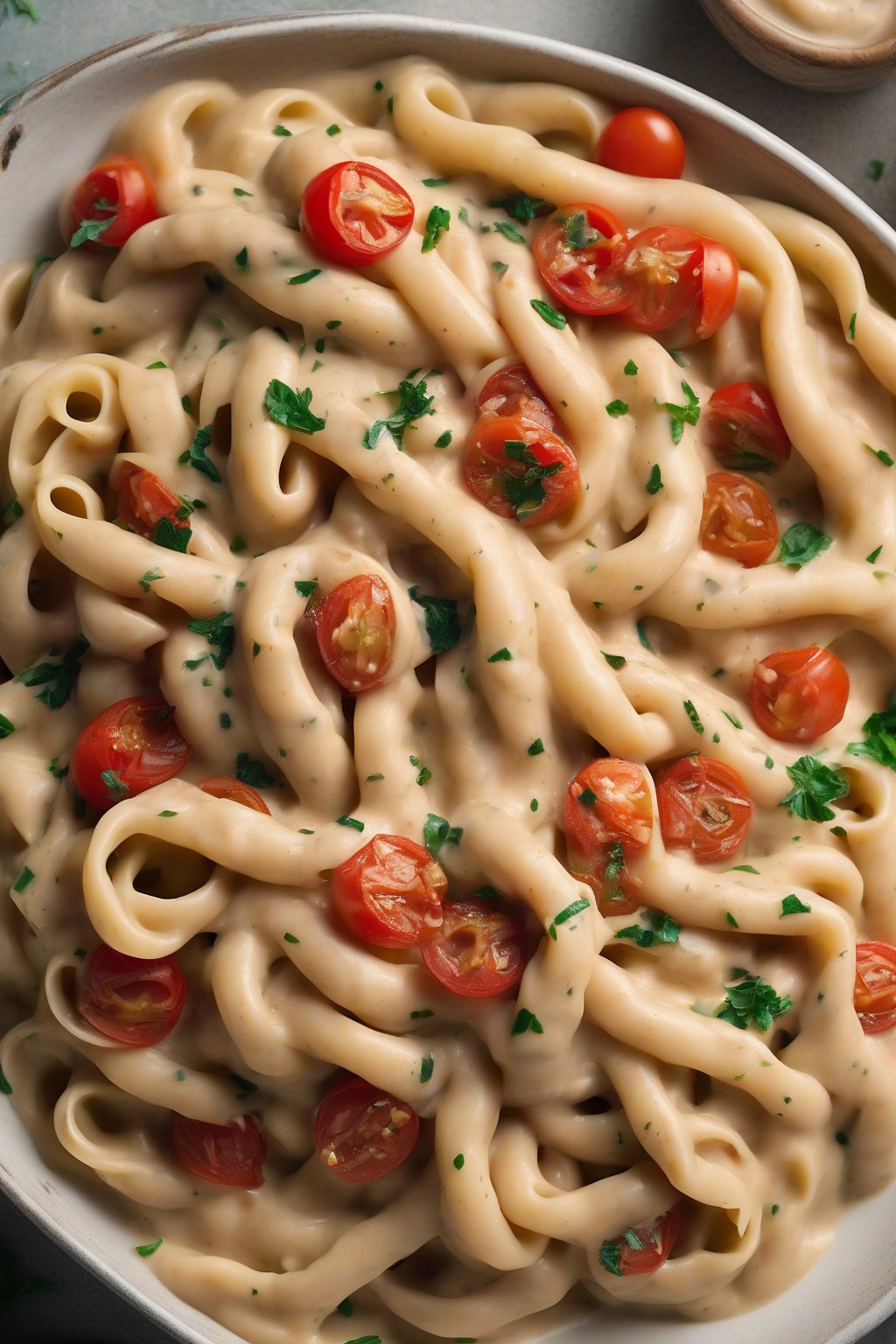 A high-resolution photo of twirled pasta with creamy white bean sauce and burst tomatoes, under soft lighting.